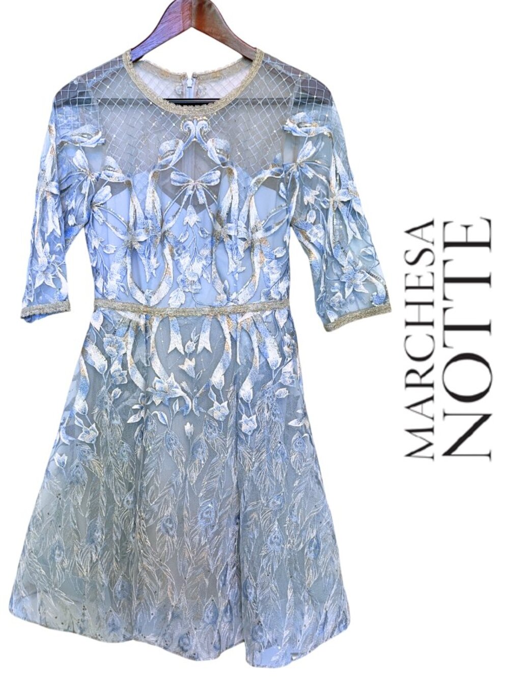 Marchesa Notte Blue Embroidered Metallic Lace Mini Dress, Size 4